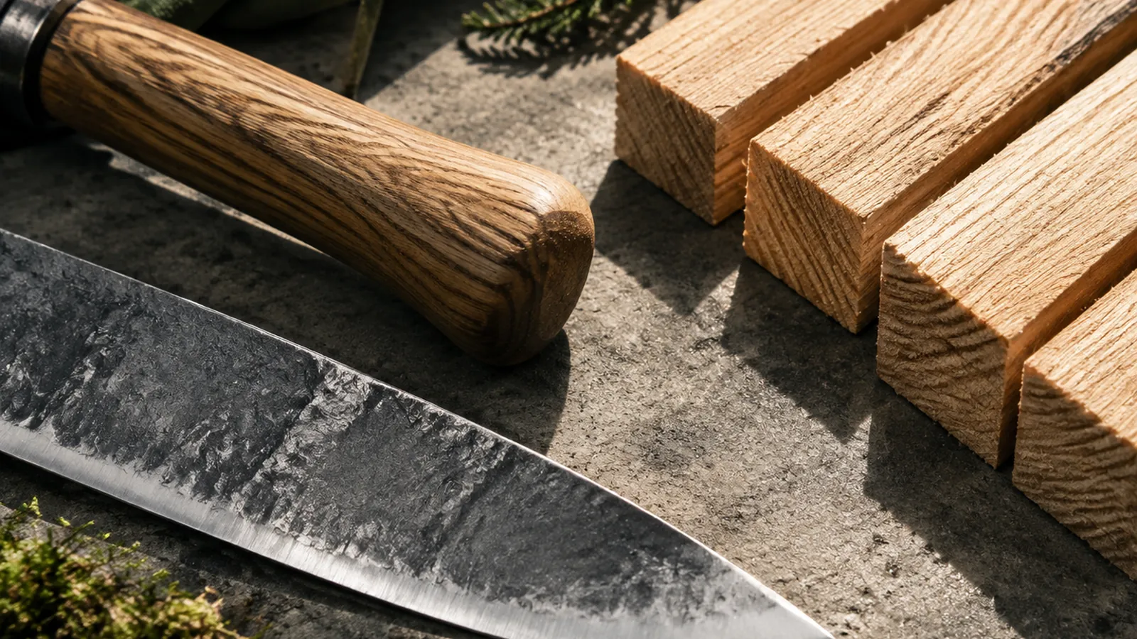 Materialstudie: geschmiedete Stahlklinge, geölter Eschenholm, Lärchenbretter